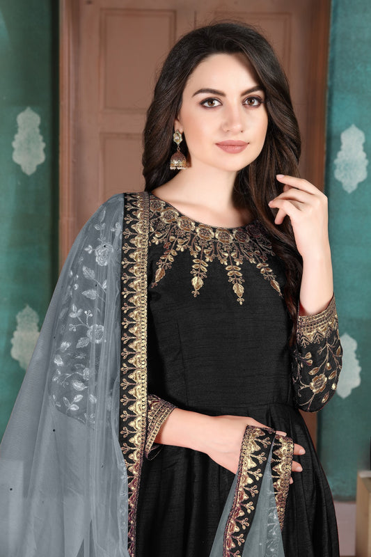 Black Embroidered Adda Silk Semi Stitched Anarkali Suit