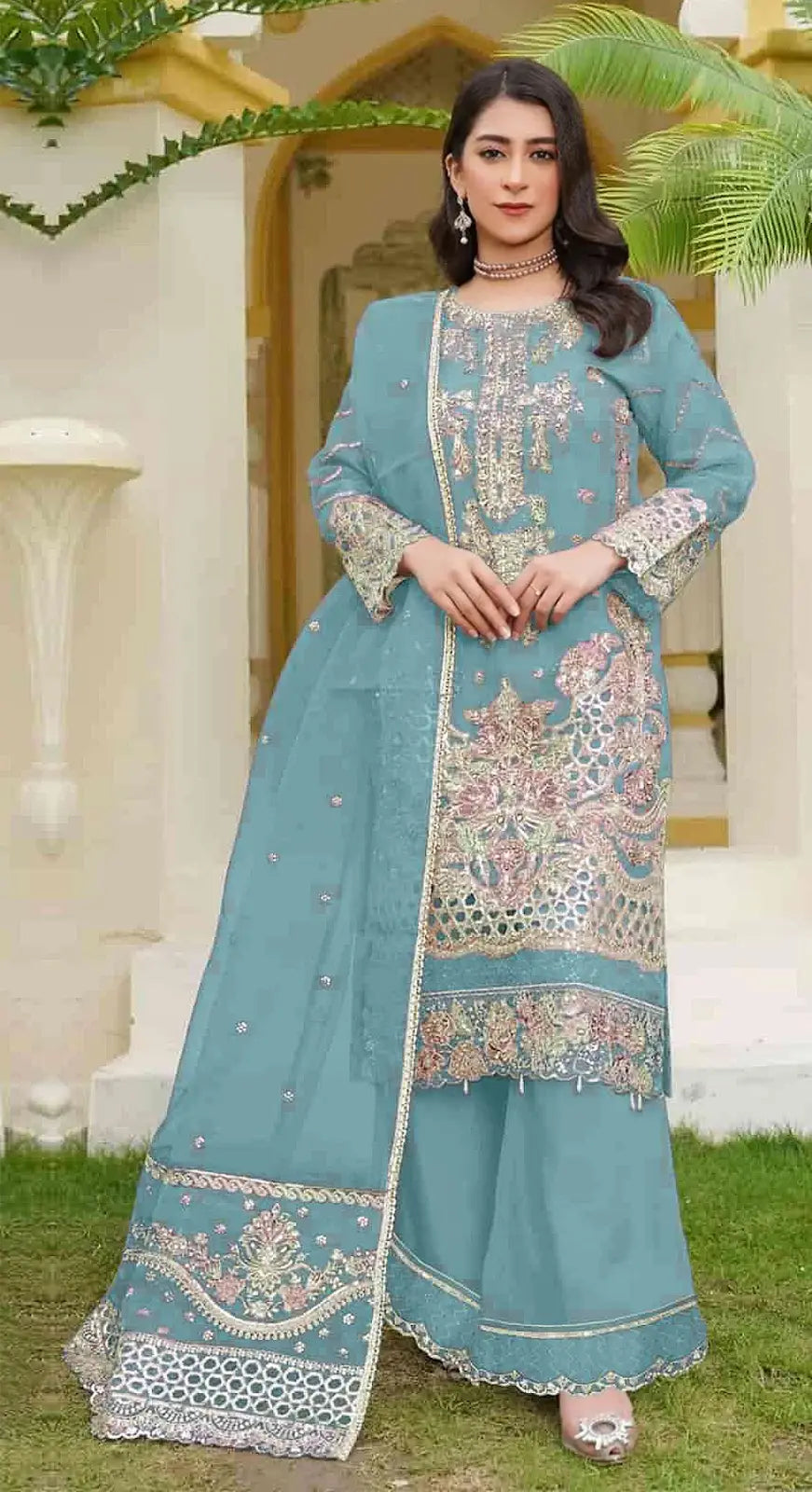 Sky Blue Fox Georgette Semi Stitched Suit with Embroidery Sequence Work
