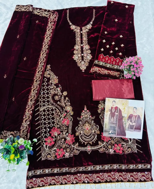 Red Velvet Semi Stitched Suit with Embroidery & Zarkan Work