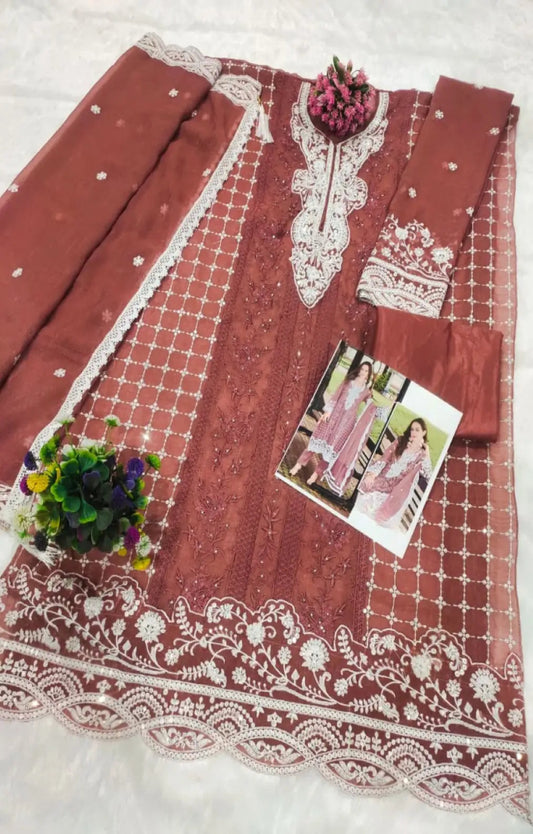 Brown Silk Semi Stitched Suit with Embroidery Sequence Work