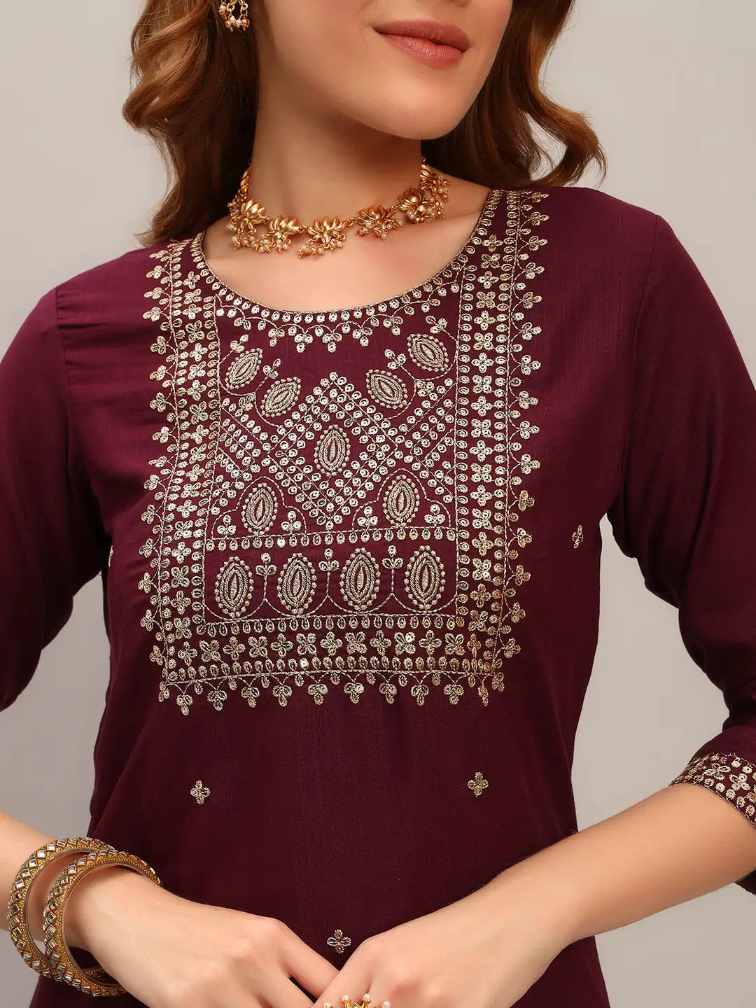 Women's Gorgeous Viscose Rayon Embroidery Straight Kurta with Pant And Dupatta Set Wine 3919