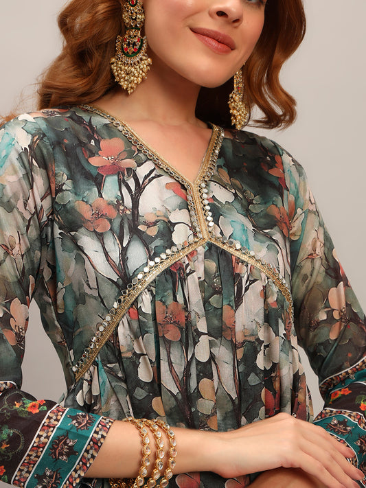 Women's Gorgeous Chanderi Silk Embroidery Flared Kurta with Pant And Dupatta Set