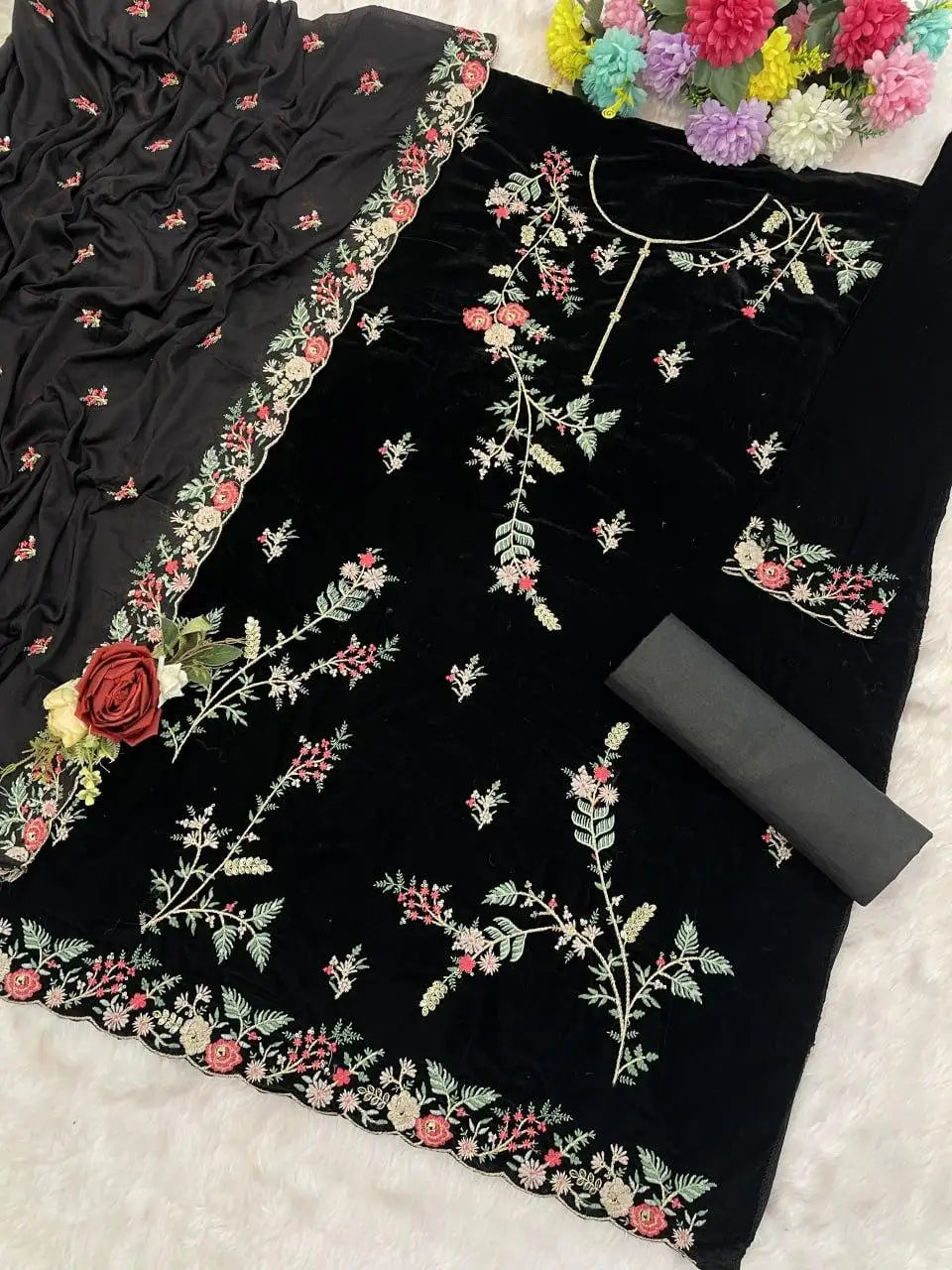 Black Pure Velvet Semi Stitched Suit with Heavy Embroidery Sequence Work