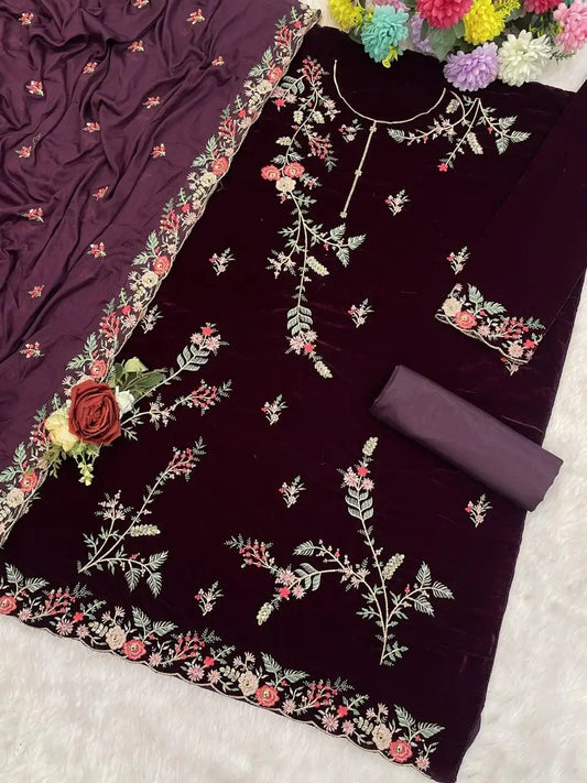 Purple Pure Velvet Semi Stitched Suit with Heavy Embroidery Sequence Work