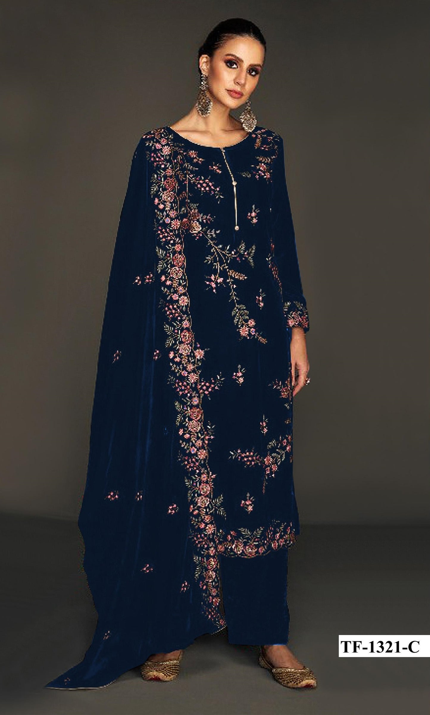 Navy Pure Velvet Semi Stitched Suit with Heavy Embroidery Sequence Work