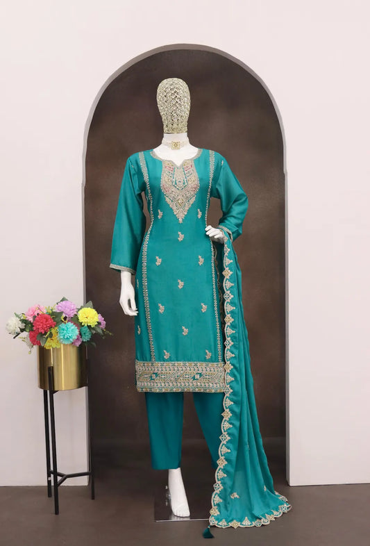 Turquoise Heavy Chinon Reaymade Suit with Embroidery & Sequence Work