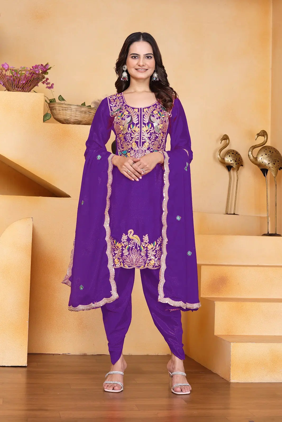 Women's Gorgeous Embroidery Work Chinon Fabric Straight Kurta Dhoti and Dupatta Set
