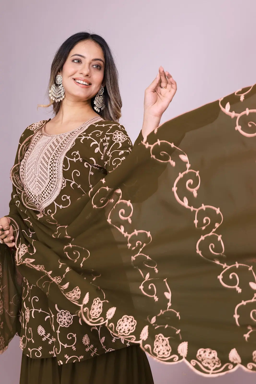 Women's Fox Georgette fabric Embroidery work Kurta with Sharara and Dupatta set 71 Mehndi