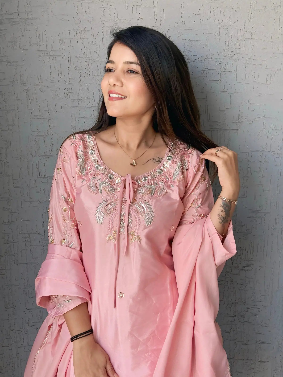 Grey Crape Readymade Kurti Set with Beads Sequence Work