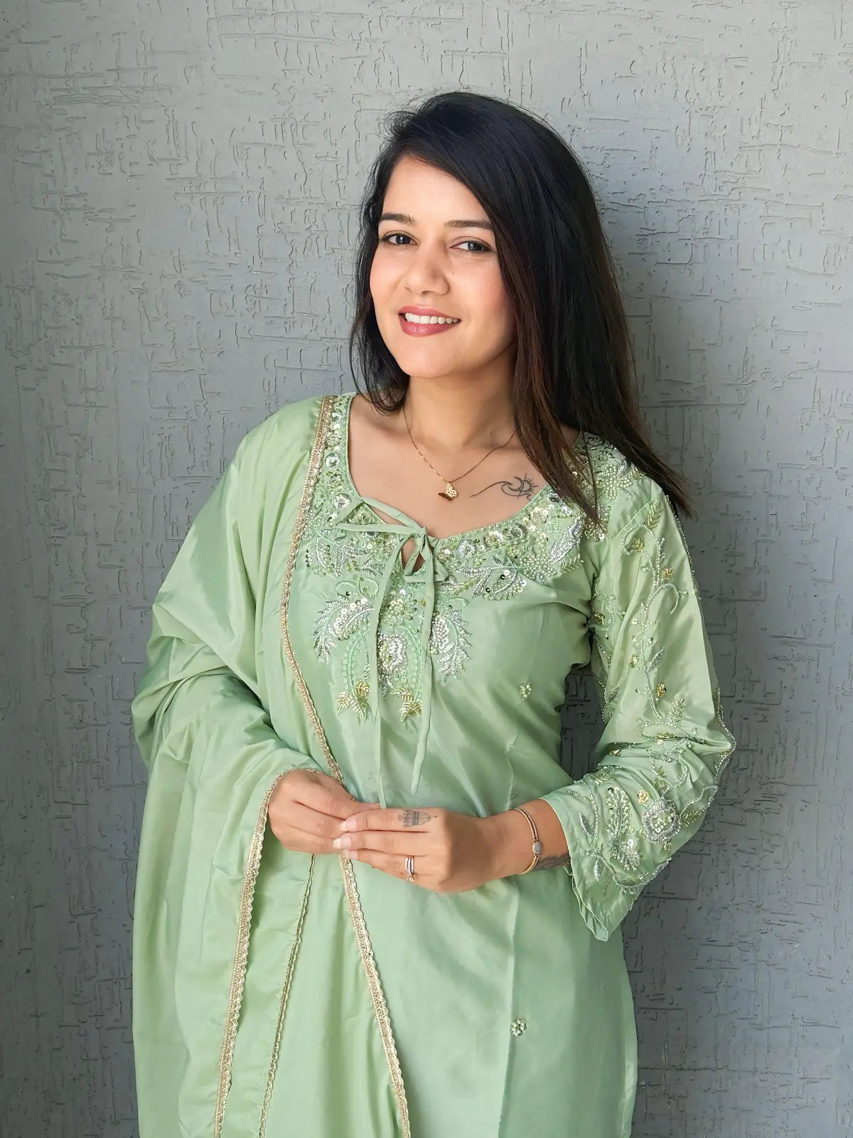 Green Crape Readymade Kurti Set with Beads Sequence Work