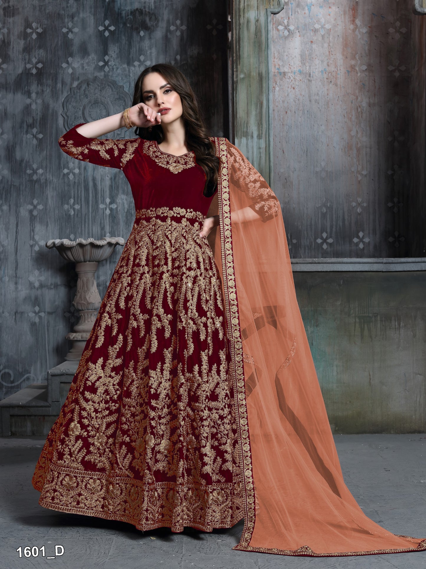 Maroon Embroidered Velvet Semi Stitched Patiyala Suit