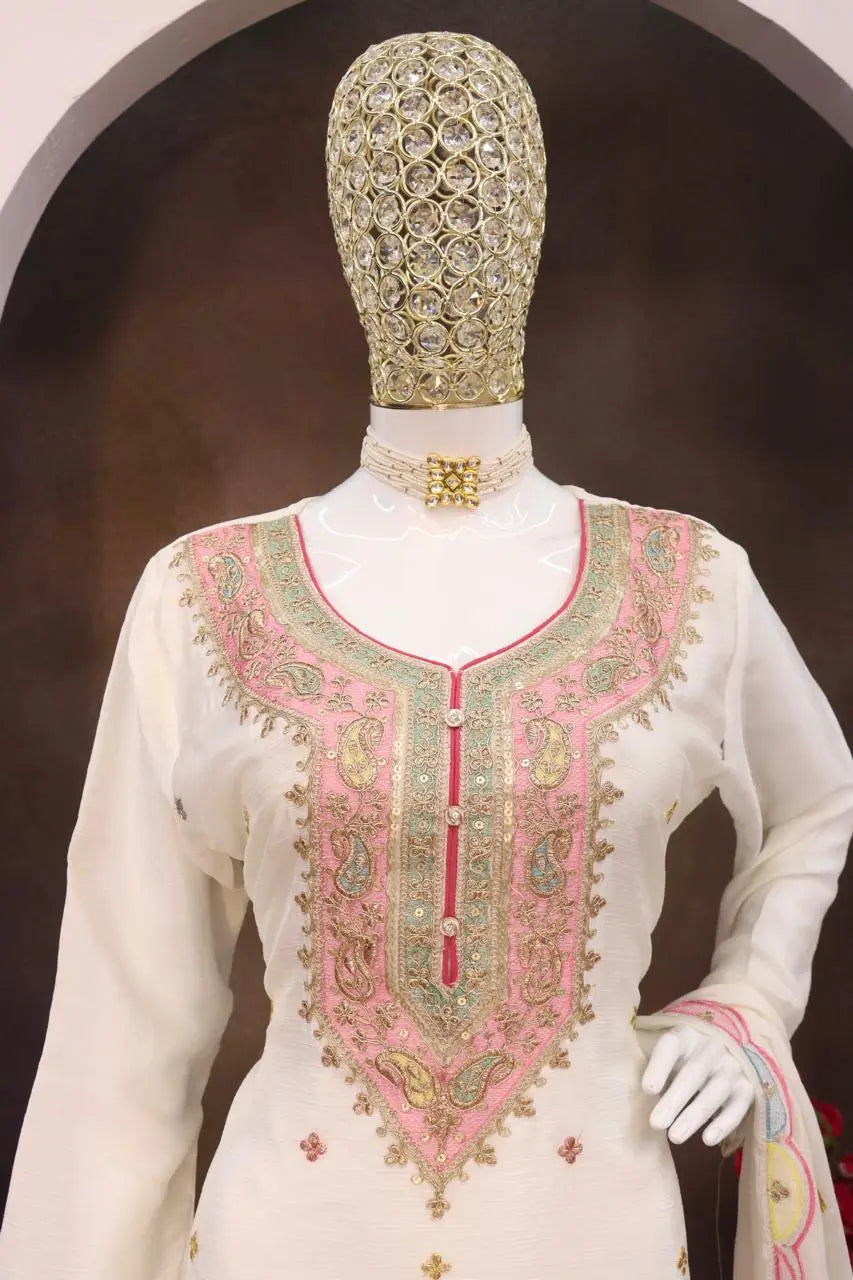 White Embroderied Silk Stitched Plazo Suit
