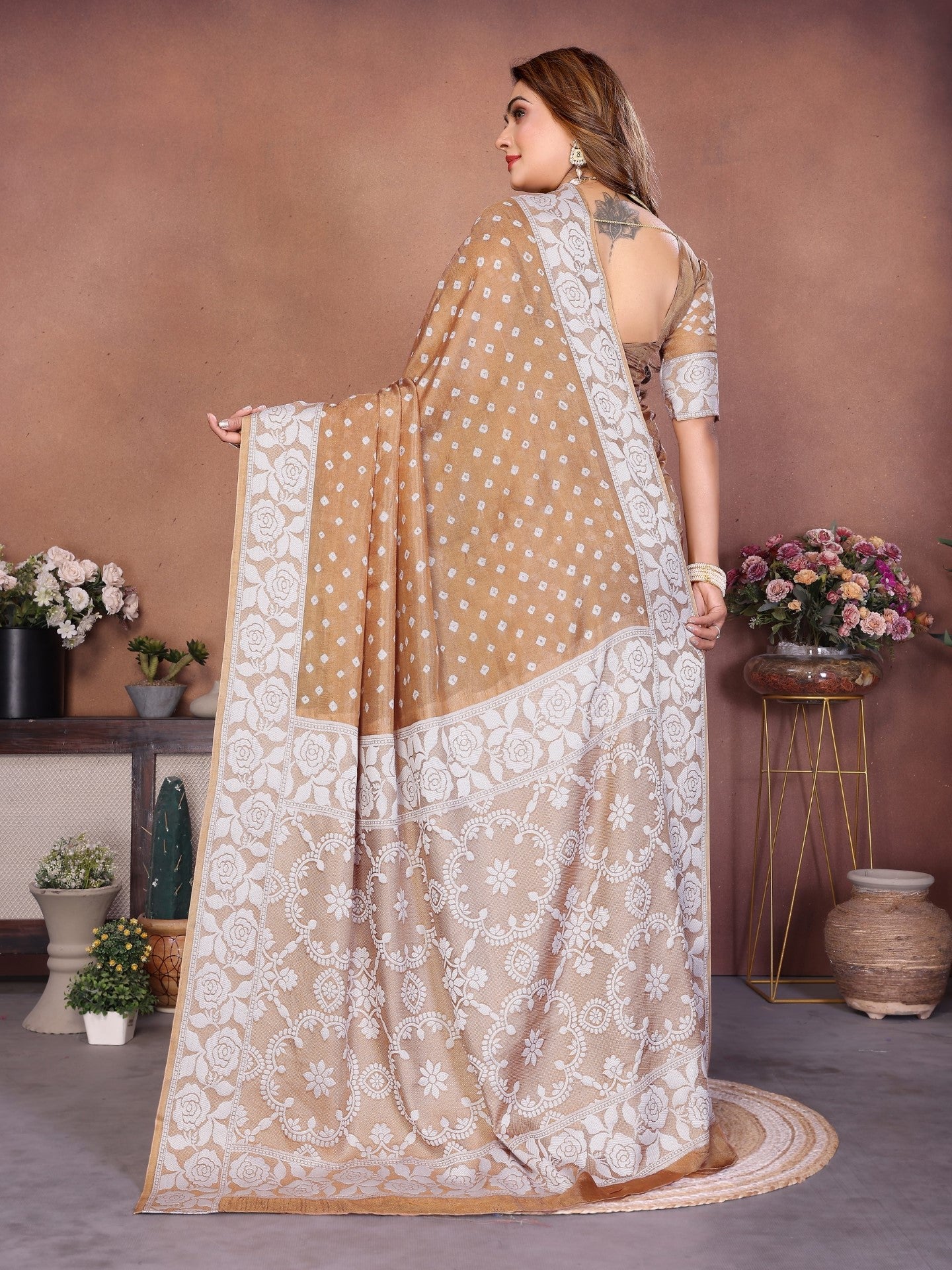 Cream Handmade Bhandhej Viscos Silk Saree With Blouse