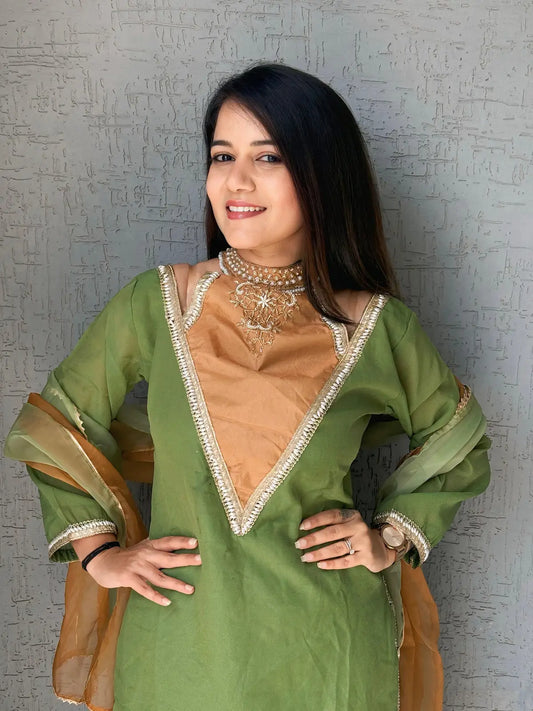 Parrot-Green Roman Shimmer Readymade Kurti Set with Designer Handwork