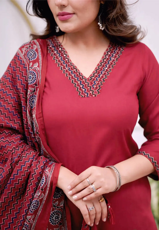 Women's Gorgeous Parmpara Fabric Embroidery Work Straight Kurta Pant and Dupatta Set