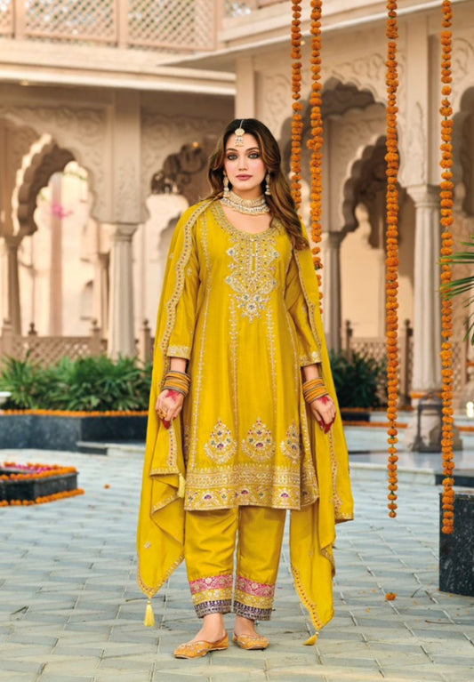 Yellow embroidered Chinon Squence Work free Size stitched anarkali suit