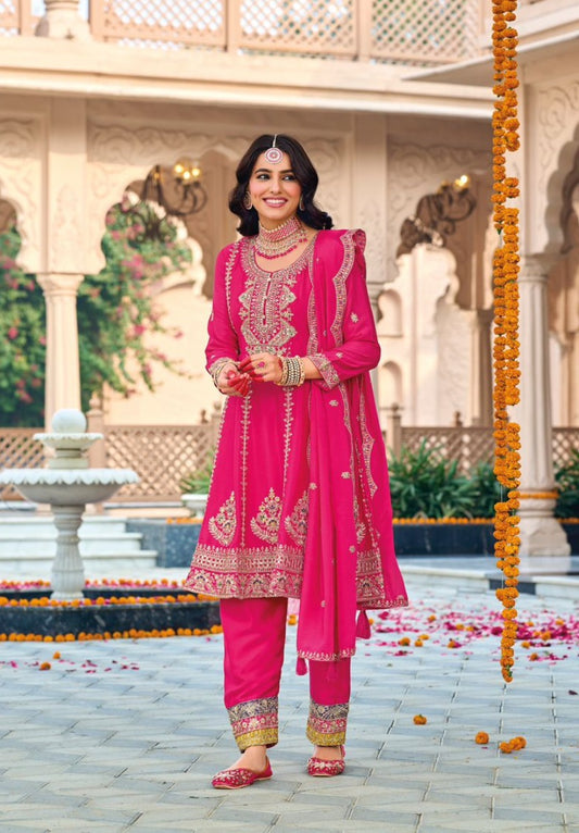 Rani Pink embroidered Chinon Squence Work free Size stitched anarkali suit