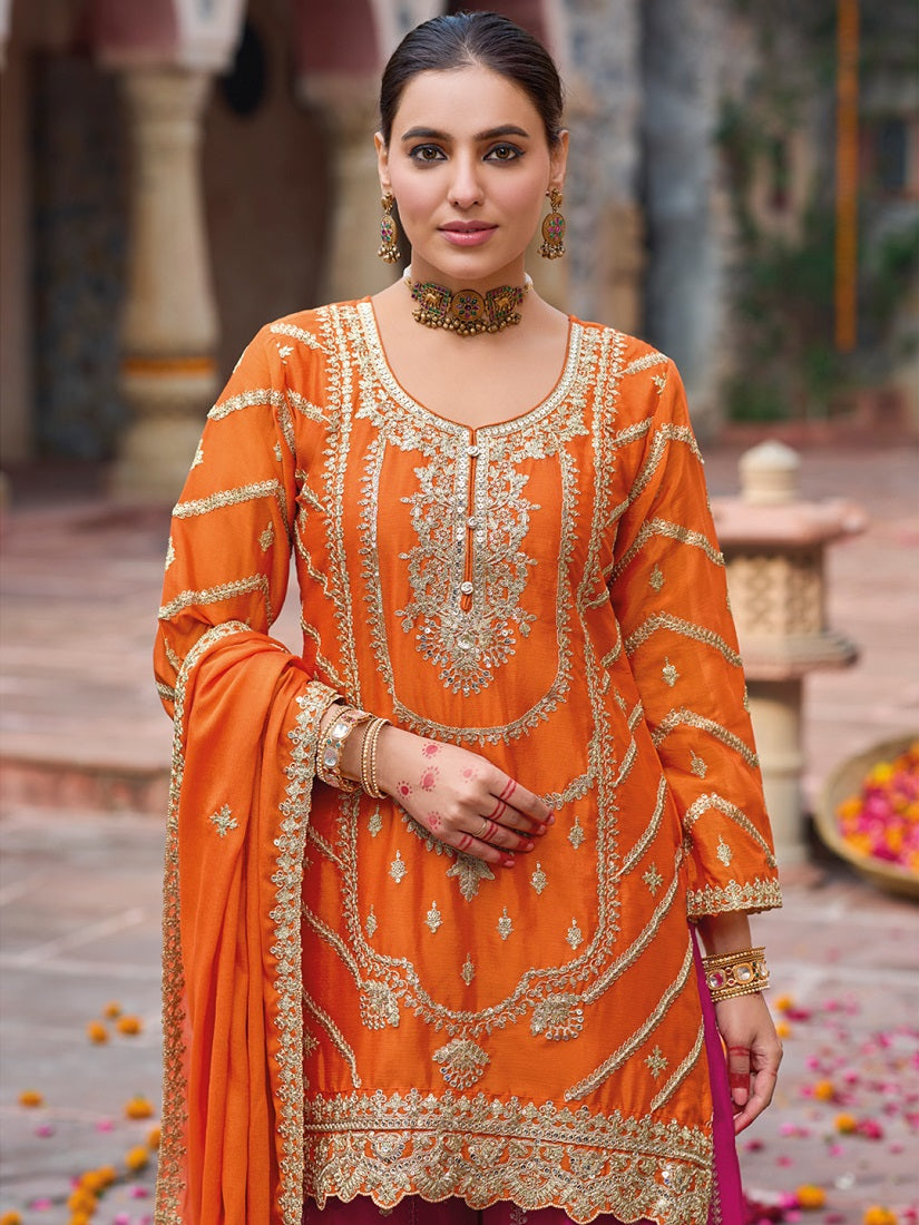 Orange and Magenta Chinon Silk with Embroidered and Sequence work Palazzo Suit