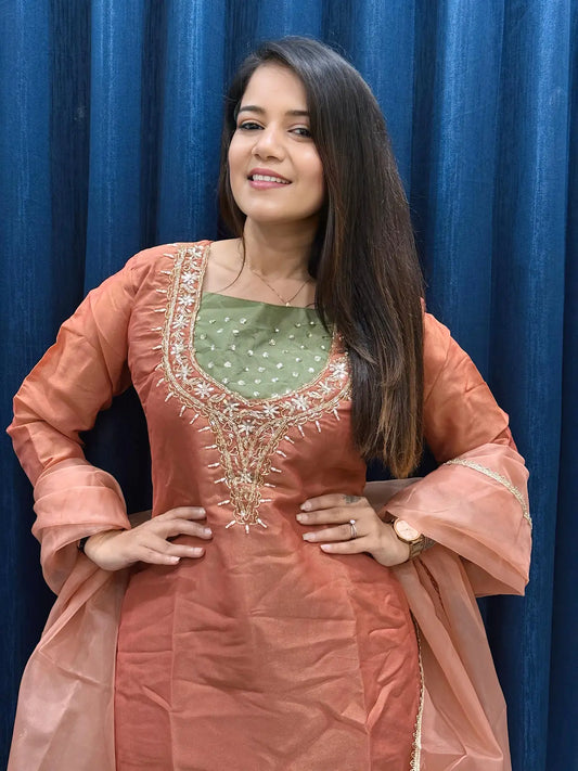 Dark Peach Roman Shimmer Readymade Kurti Set with Handwork & Moti Work