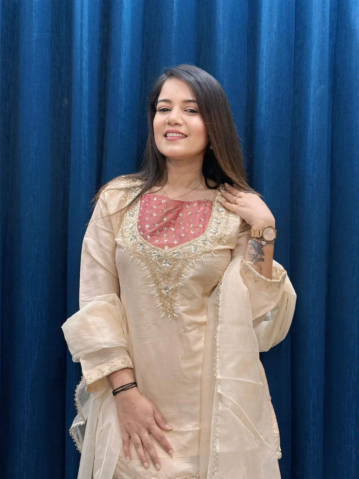 Cream Roman Shimmer Readymade Kurti Set with Handwork & Moti Work