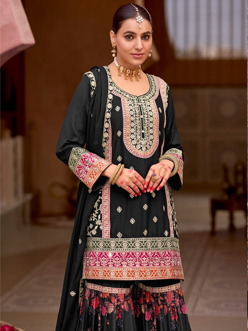 Black Chinon Silk with Codding Embroidery work with Digital Print Sharara Suit