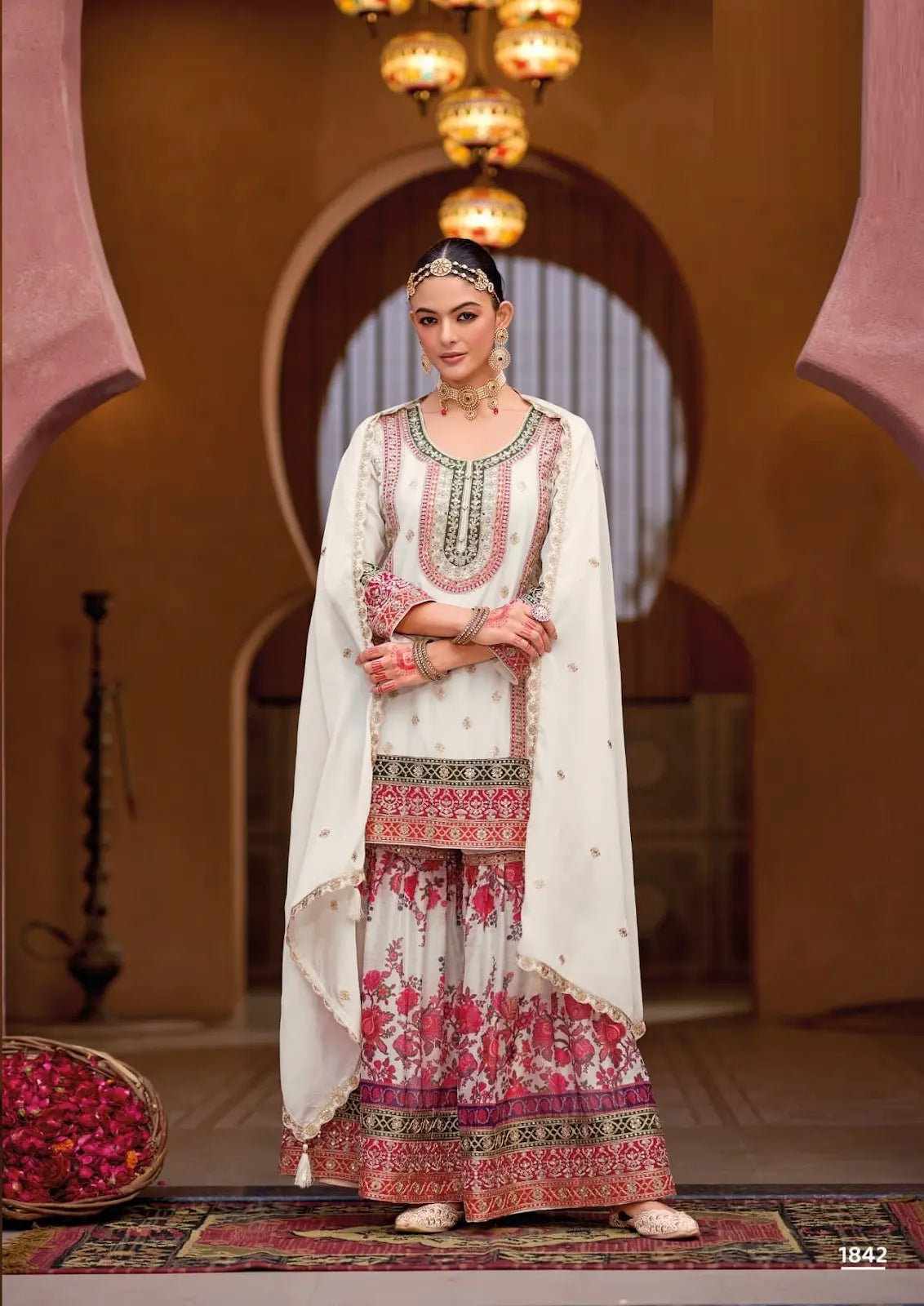 White Chinon Embroidered Readymade Salwar Suit (Free Size)