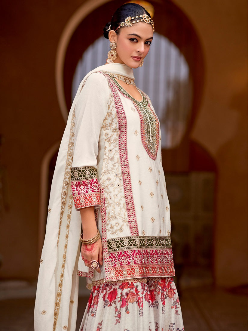 White Chinon Silk with Codding Embroidery work with Digital Print Sharara Suit