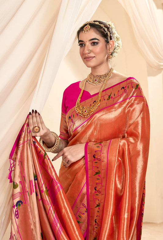 Orange Designer Weaving Pure Paithani Tissue Silk Saree With Blouse