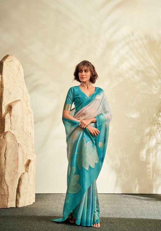 Sky Blue Printed Handloom Khadi Silk Silk Saree With Blouse