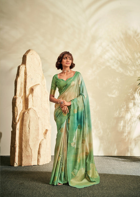 Green Printed Handloom Khadi Silk Silk Saree With Blouse