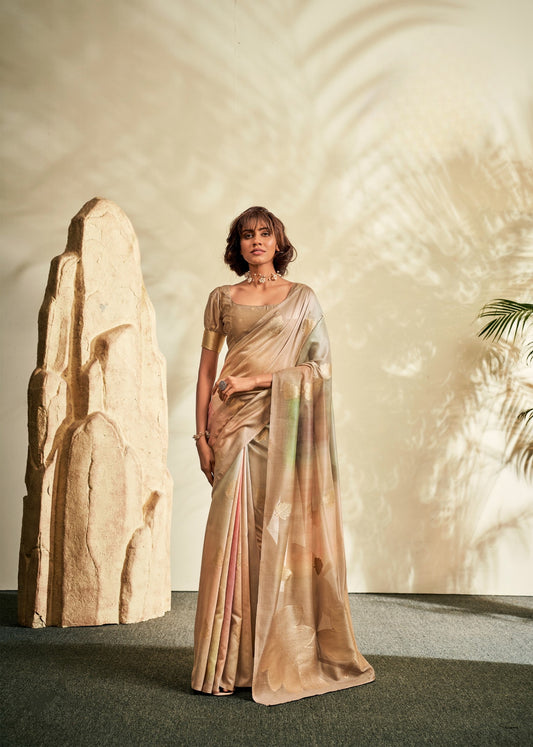 Cream Printed Handloom Khadi Silk Silk Saree With Blouse