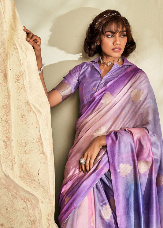 Lavender Printed Handloom Khadi Silk Silk Saree With Blouse