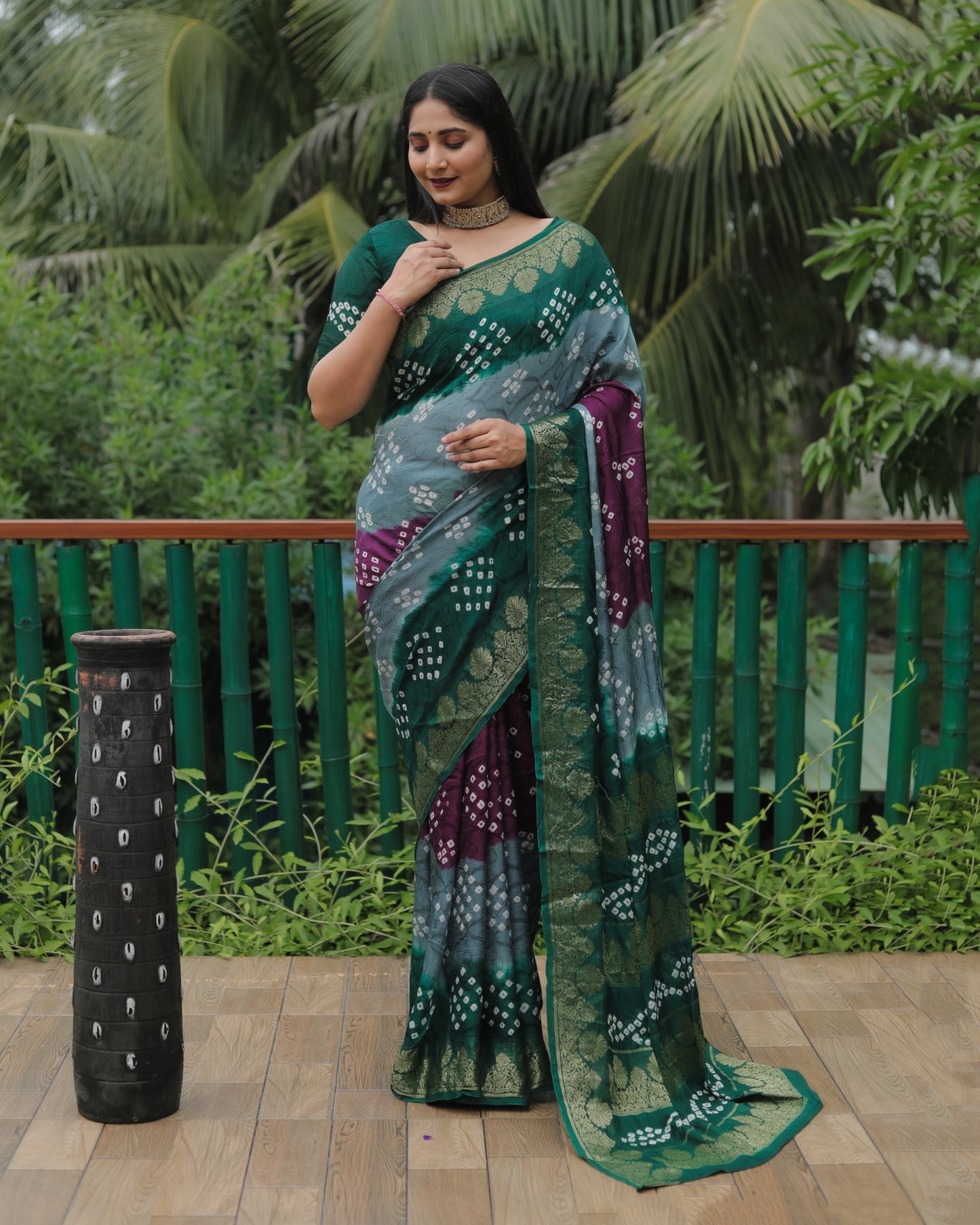 Grey Woven Design Pure Bandhej Soft Silk Saree