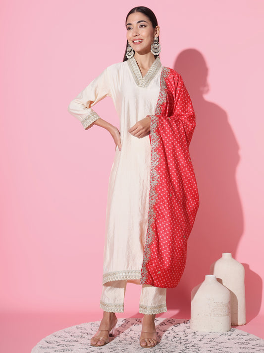 Gadhwal Fabric Sequence Embroidered Work Straight Cut Kurta, Pant and Dupatta Set