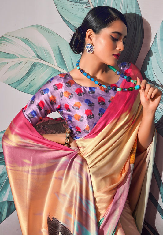 Cream Pure Sattin silk With Zari Weaving Saree With Blouse