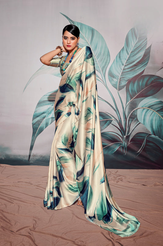 Off White Pure Sattin silk With Zari Weaving Saree With Blouse