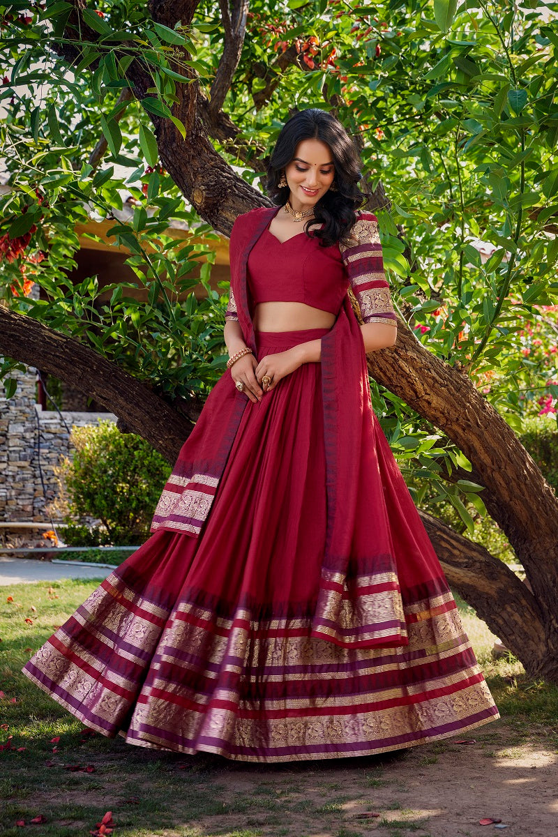 Women Pure Chanderi Plain With Zari Weaving Work Border Stitched Lehenga With Unstitched Blouse Dupatta(Up to 42)
