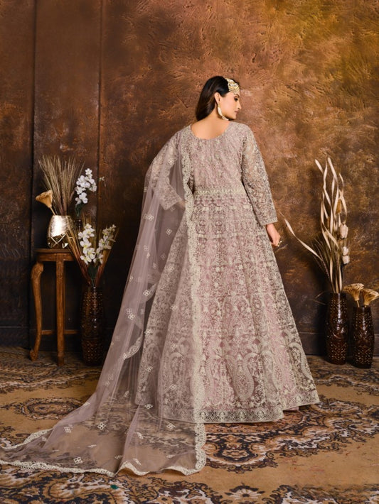 Purple Embroidered Net Semi Stitched Anarkali Suit