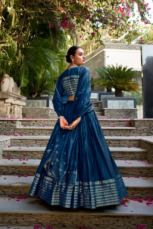 Navyblue Pure Chanderi Plain With Zari Weaving Work Fully Stitched Lehenga,Unstitched Blouse With Dupatta