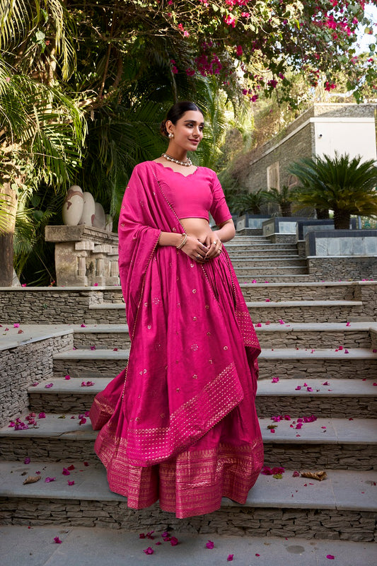 Ranipink Pure Chanderi Plain With Zari Weaving Work Fully Stitched Lehenga,Unstitched Blouse With Dupatta