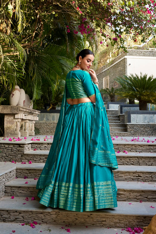 Skyblue Pure Chanderi Plain With Zari Weaving Work Fully Stitched Lehenga,Unstitched Blouse With Dupatta