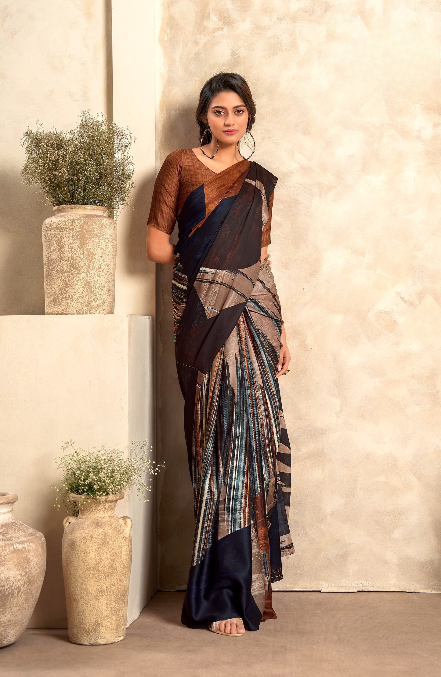 Blue Fabric With Digital Print Saree With Blouse