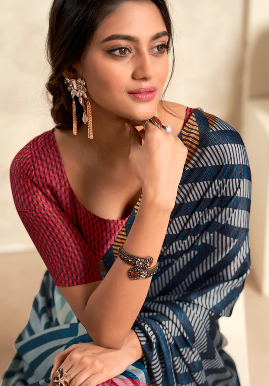 Dark navy blue Soft Sattin Silk With Zari Weaving Saree With Blouse