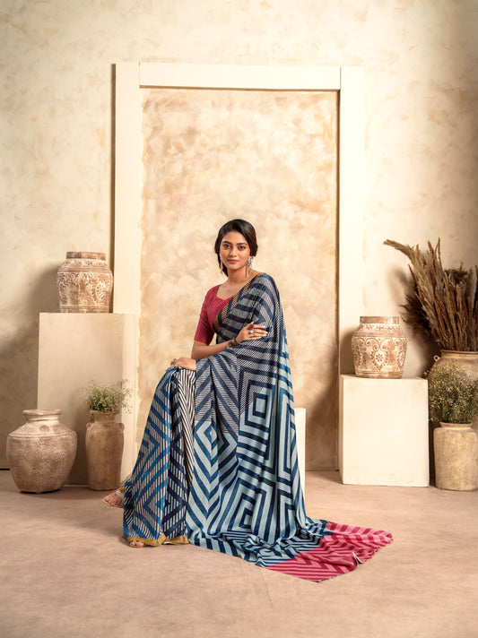 Dark grey Fancy Fabric With Digital Print Saree With Blouse