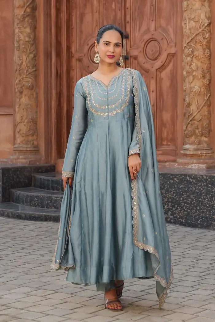 Women's Gorgeous Vichitra Silk Fabric Embroidery Work Flared Anarkali Pant and Dupatta Set 39