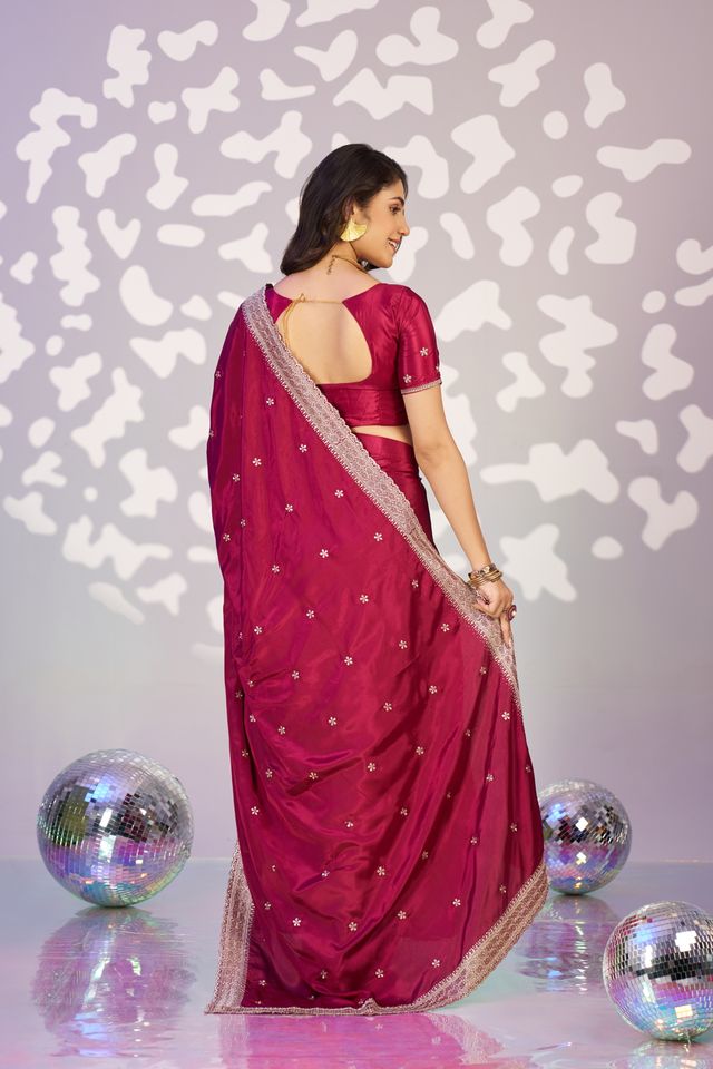 Red Color Crepe Fabric Embroidery Work Ready To Wear Saree