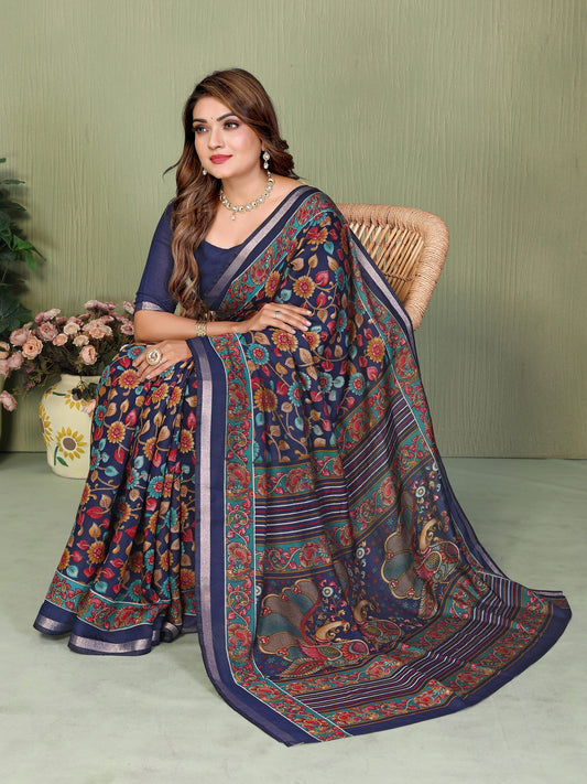Navy Blue Printed Mal Cotton Saree With Blouse