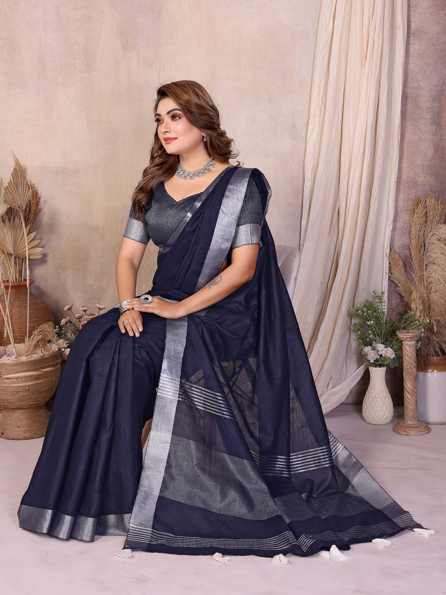 Navy Blue Weaving Linen Cotton Saree With Blouse