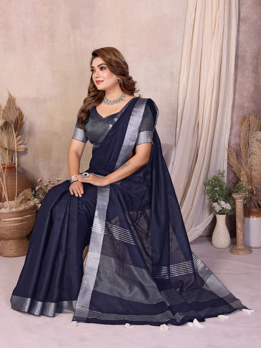 Navy Blue Weaving Linen Cotton Saree With Blouse
