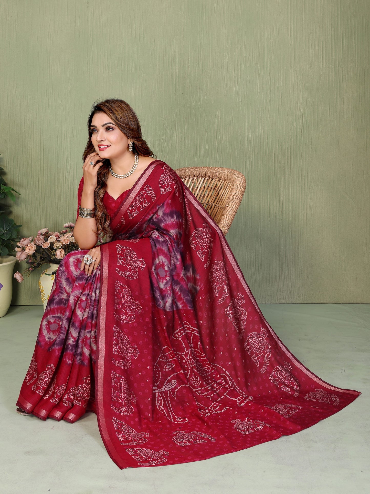Maroon Printed Mal Cotton Saree With Blouse